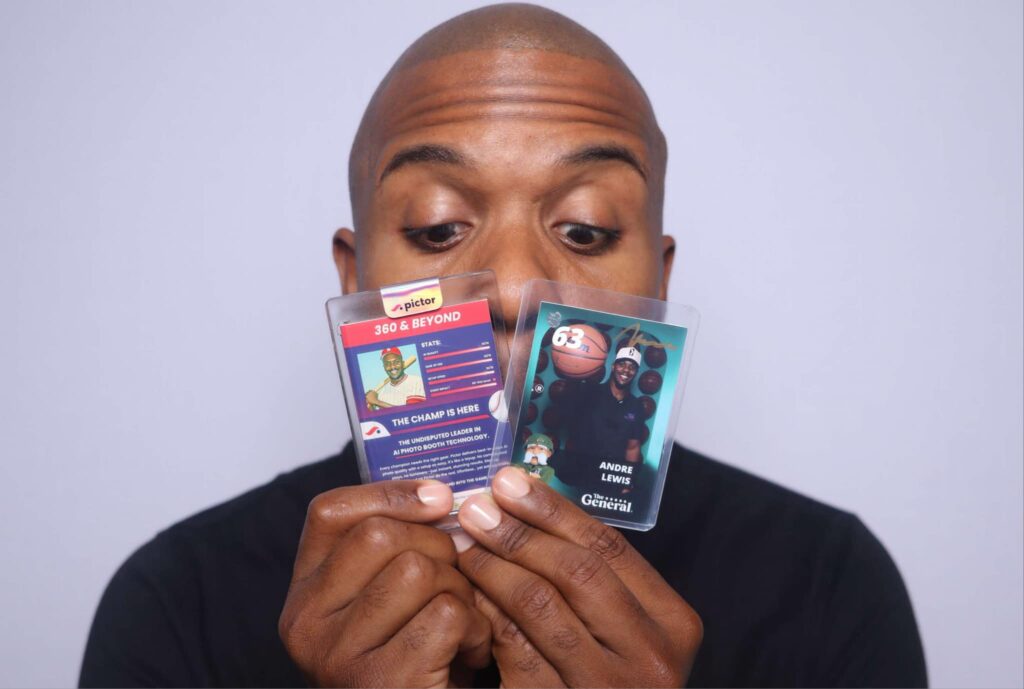 Man holding custom trading cards in Orlando