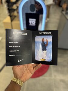 Custom-branded Foot Locker photo keepsake featuring BOMBA Creative Co.'s premium photo booth experience at Florida Mall Orlando. Luxury interactive print with personalized fields for name, hometown, sneaker pick, and personal motto alongside Nike branding. Our high-quality photo prints transform retail events into memorable experiences with branded templates that enhance customer engagement. #FootLockerEvent #OrlandoPhotoBooth #CustomRetailExperience