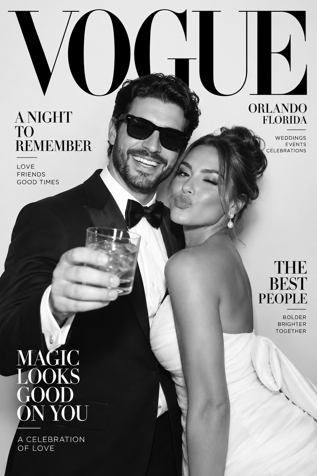 Magazine Photo Booth rental Orlando featuring a custom Vogue-style magazine cover for weddings and events in Central Florida