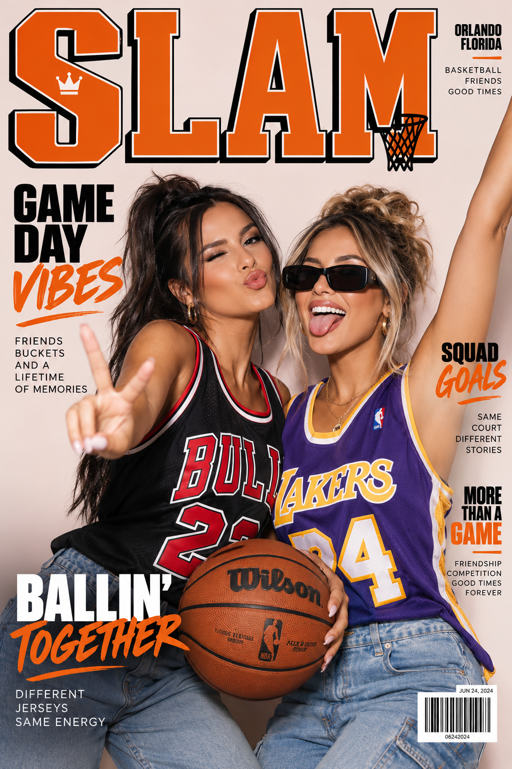Basketball-themed magazine photo booth cover featuring two friends in basketball jerseys, showcasing custom magazine photo booth rentals in Orlando Florida